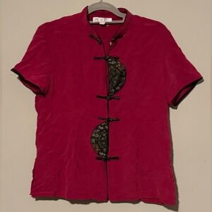 GUC 100% Silk Red Short Sleeve Blouse with Embroidery Accents